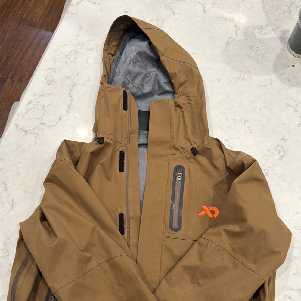 First Lite Brown Hooded Raincoat with Orange Logo